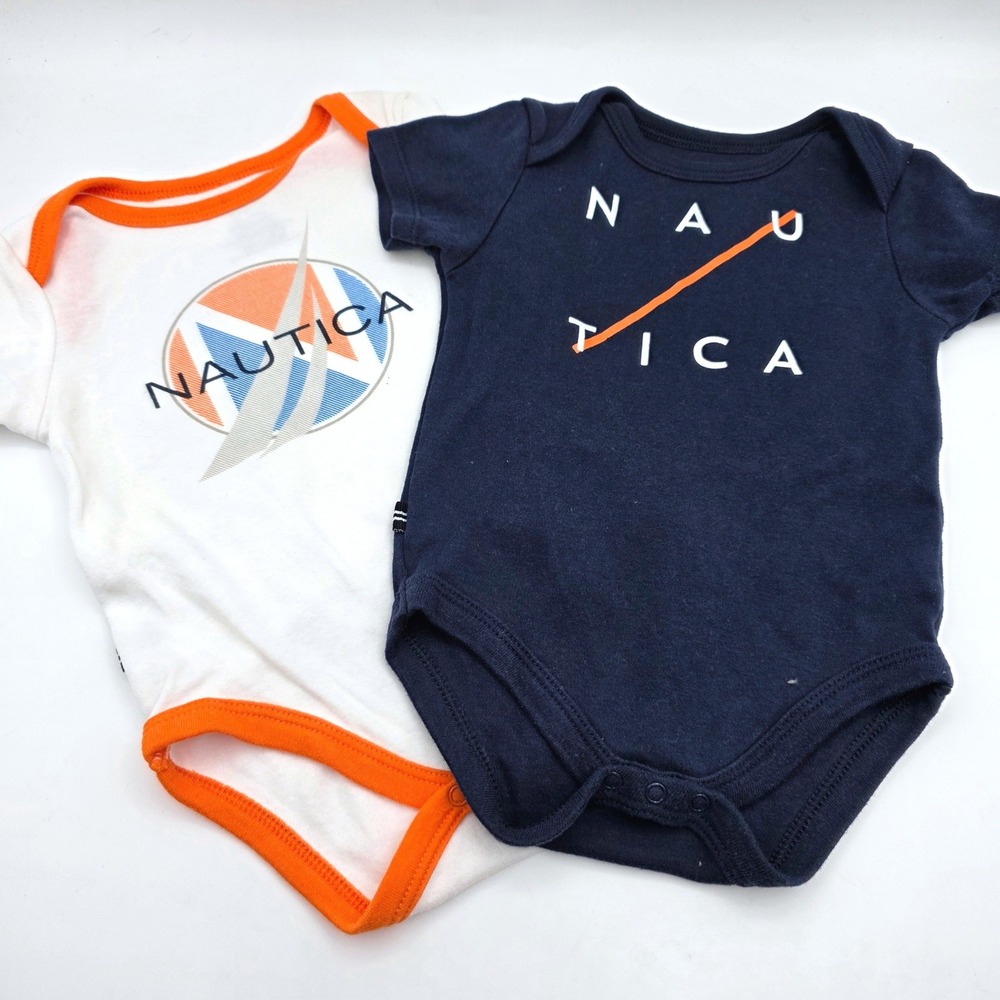 Nautica Baby Boy Bodysuits 2 Pack Navy White Orange Logo 6/9M Rompers